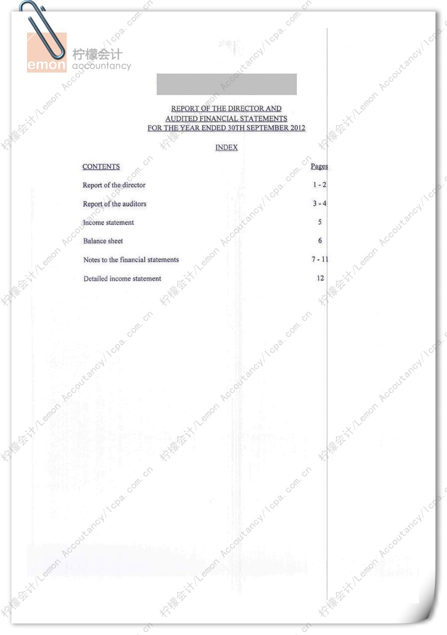 柠檬会计提供的香港公司审计报告/核数报告的目录页，一般包括以下内容：（1）董事称述；（2）核数师称述；（3）简明损益表；（4）资产负债表；（5）财务报表附注；（6）公司纳税明细表。