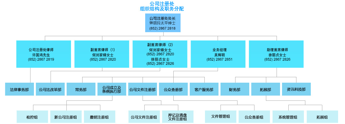 香港《公司条例》主要由香港公司注册处负责实施及执行。该图为香港公司注册处架构图。
